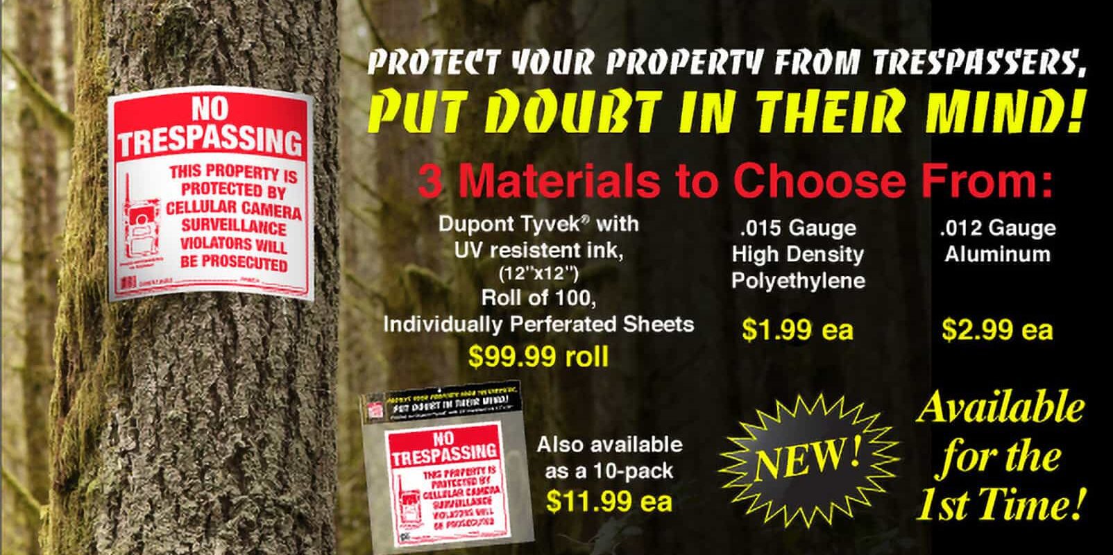 Photo of No Tresspassing Sign on tree with information about the products